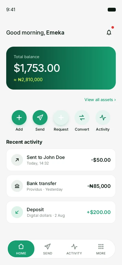 The NuoCash app home screen: a dollar balance with its naira equivalent, five quick actions — add, send, request, convert, activity — and recent activity including a card payment.